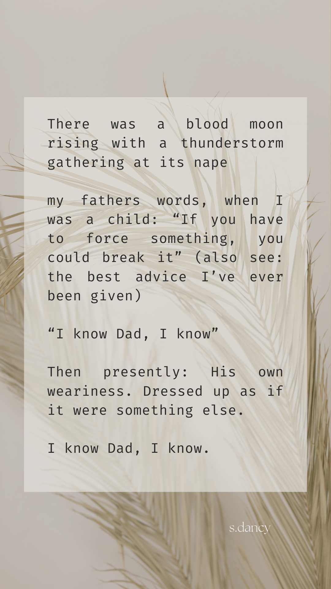 poetry text overlaying image of palm trees. 

There was a blood moon rising with a thunderstorm gathering at its nape

my fathers words, when I was a child: “If you have to force something, you could break it” (also see: the best advice I’ve ever been given) 

“I know Dad, I know” 

Then presently: His own weariness. Dressed up as if it were something else. 

I know Dad, I know. 

s.dancy