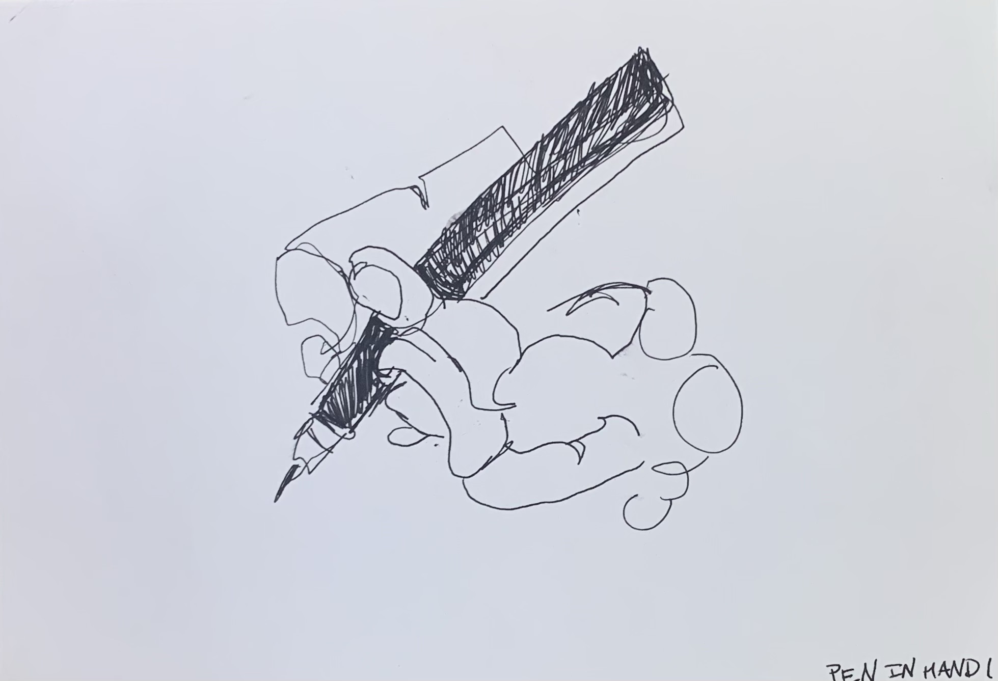 art piece depicting a hand with a pen in it. Black pen on white paper.